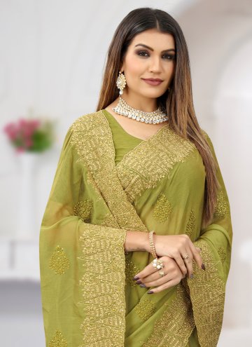 Green color Chiffon Contemporary Saree with Embroidered