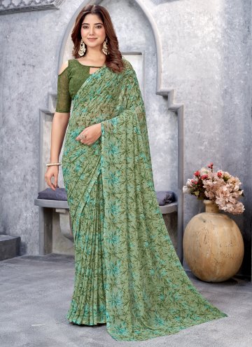 Green color Chiffon Contemporary Saree with Printe