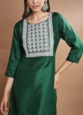 Green color Cotton Silk Pant Style Suit with Embroidered - 1
