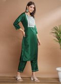 Green color Cotton Silk Pant Style Suit with Embroidered - 3