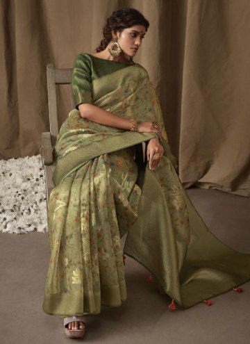 Green color Digital Print Banarasi Jacquard Designer Saree