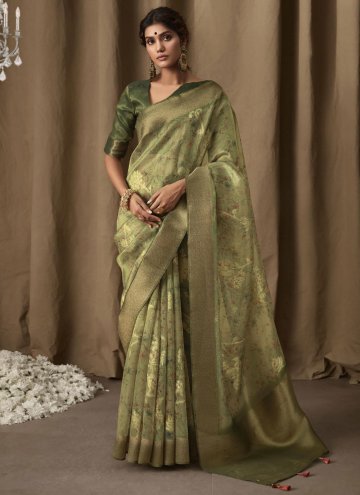 Green color Digital Print Banarasi Jacquard Design