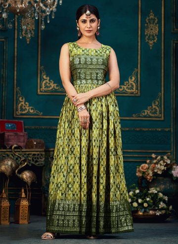 Green color Digital Print Chinon Floor Length Gown