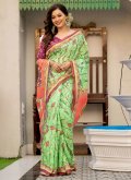 Green color Digital Print Linen Designer Saree - 1