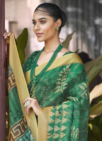 Green color Digital Print Linen Trendy Saree