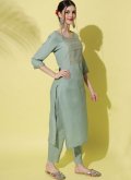 Green color Embroidered Cotton  Pant Style Suit - 2