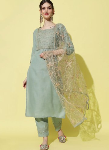 Green color Embroidered Cotton  Pant Style Suit