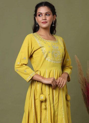 Green color Embroidered Cotton  Readymade Designer Gown
