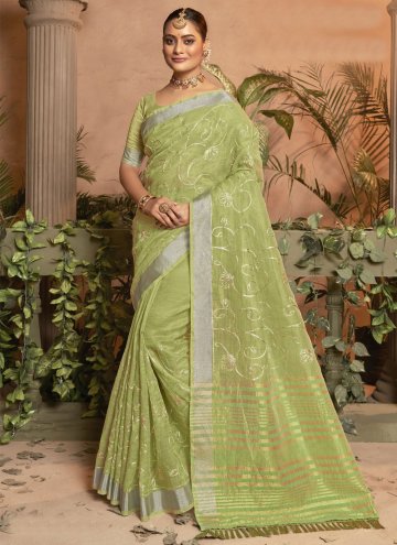 Green color Embroidered Cotton Silk Casual Saree