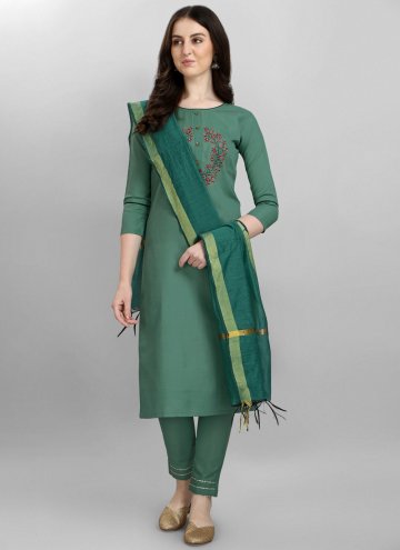 Green color Embroidered Cotton Silk Salwar Suit