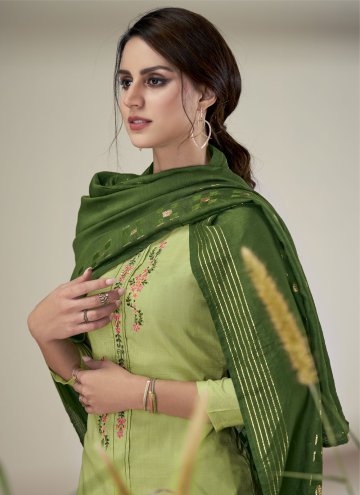 Green color Embroidered Faux Chiffon Pant Style Suit