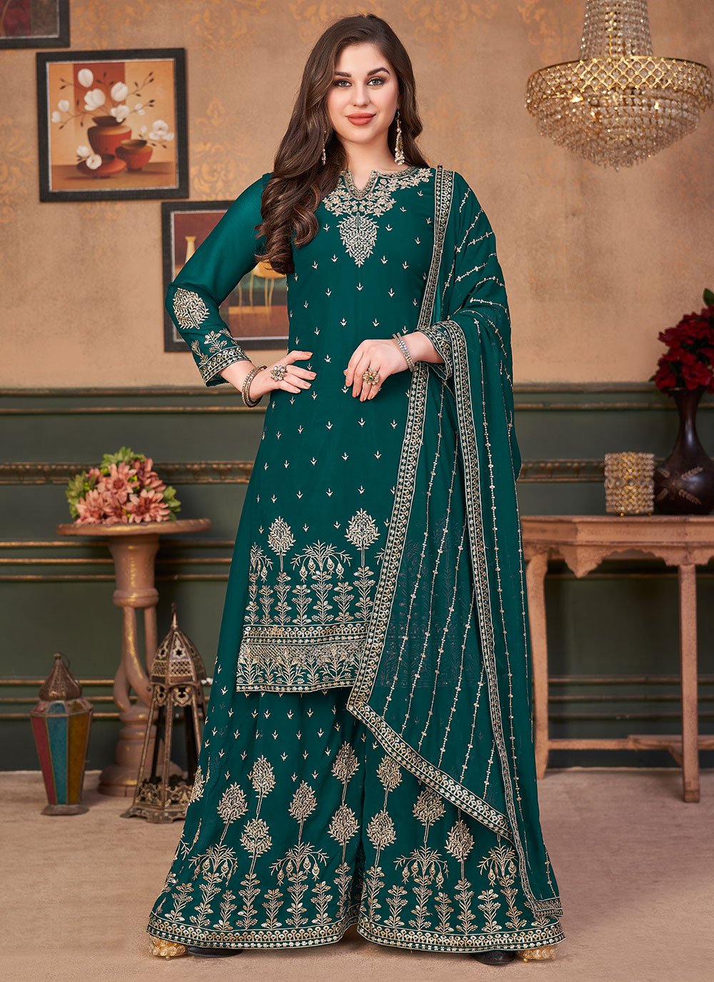 Green color Embroidered Faux Georgette Designer Pakistani Salwar Suit
