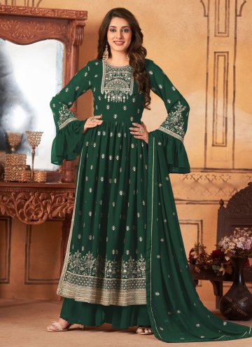 Green color Embroidered Faux Georgette Palazzo Sui