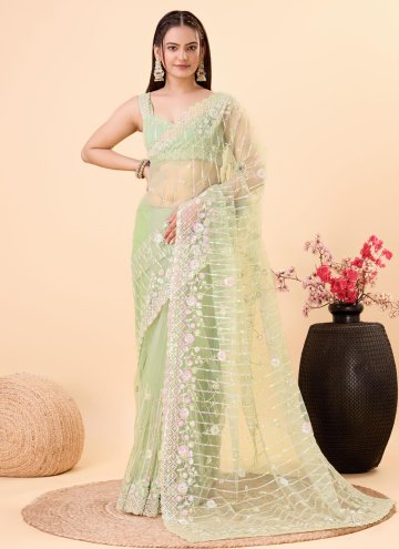 Green color Embroidered Net Classic Designer Saree