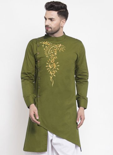 Green color Embroidered Polly Cotton Kurta
