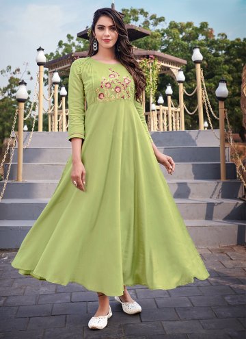 Green color Embroidered Rayon Party Wear Kurti