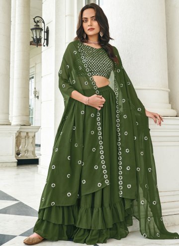 Green color Faux Georgette A Line Lehenga Choli with Embroidered