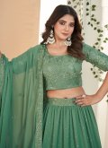 Green color Faux Georgette A Line Lehenga Choli with Embroidered - 1