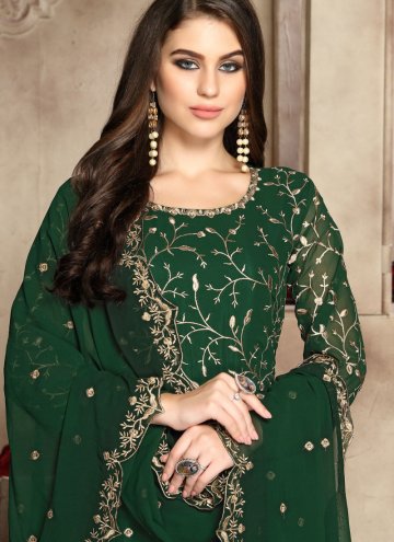 Green color Faux Georgette Anarkali Salwar Kameez with Embroidered