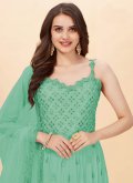 Green color Faux Georgette Designer Floor Length Salwar Suit with Embroidered - 2