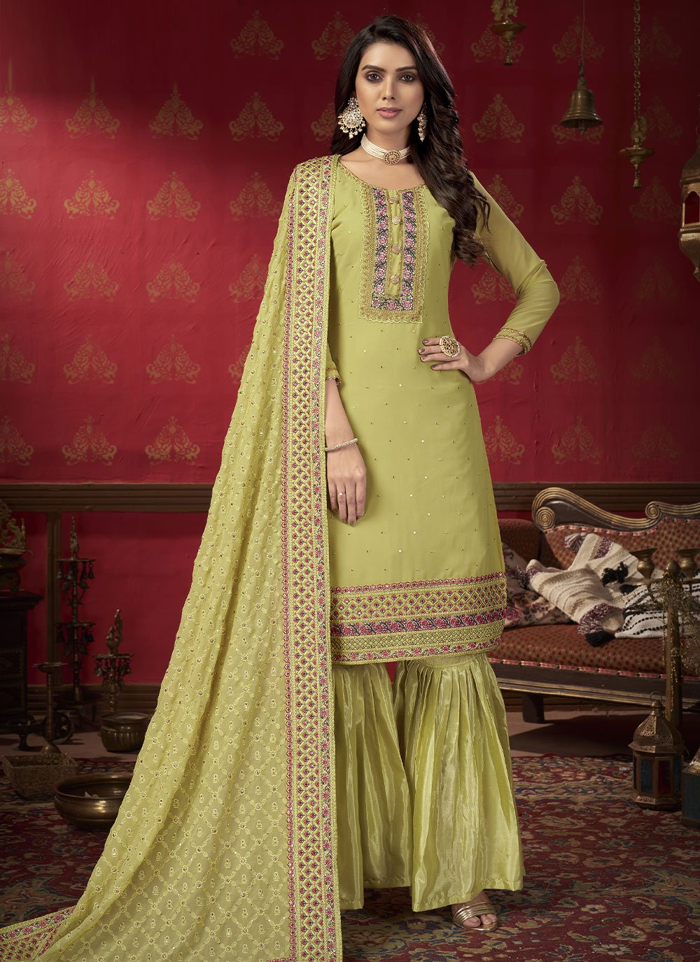 Green color Faux Georgette Designer Pakistani Salwar Suit with Embroidered