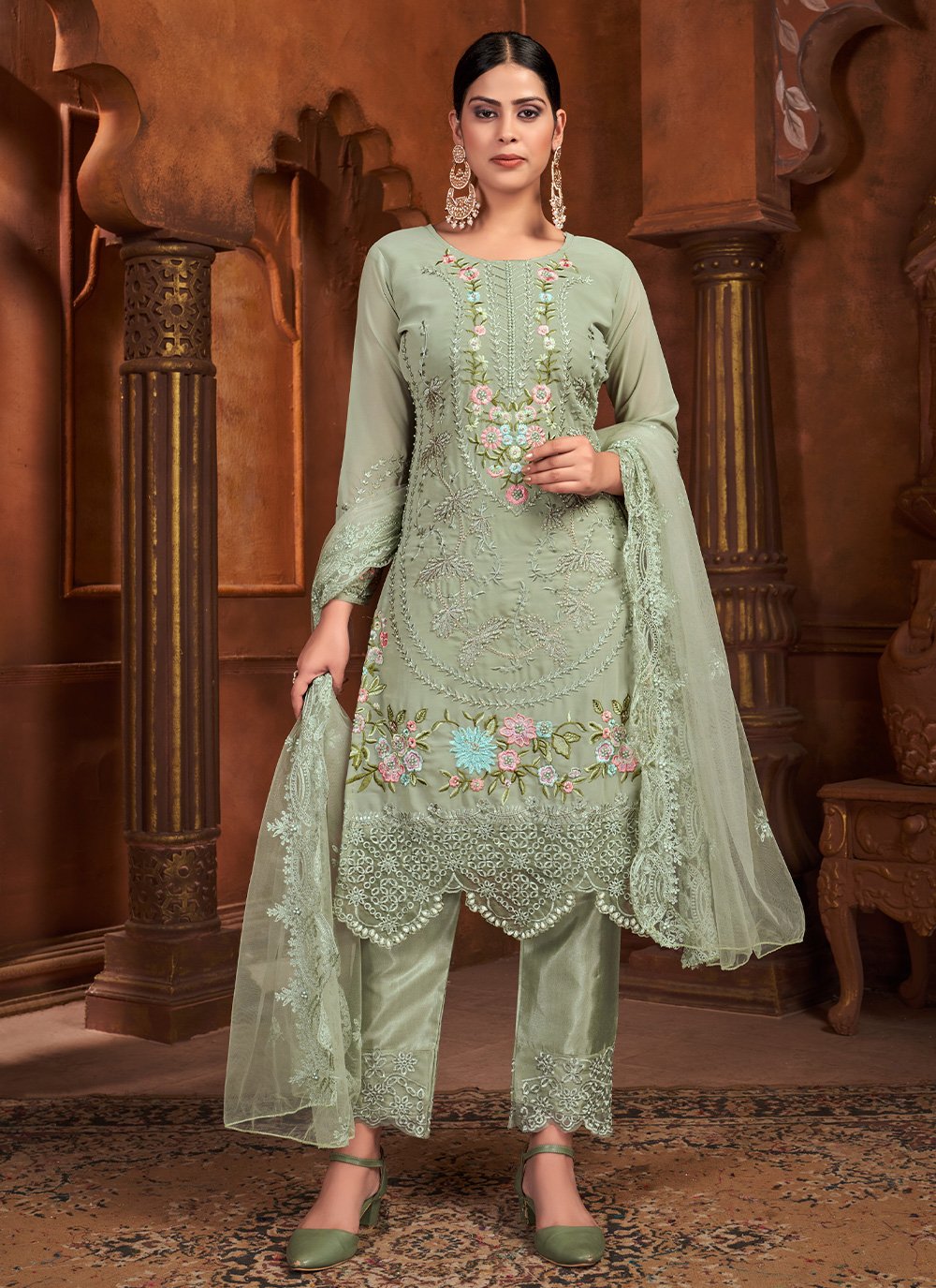 Green color Faux Georgette Pant Style Suit with Embroidered