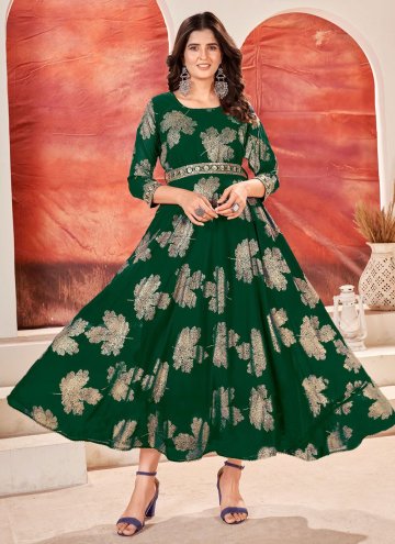 Green color Foil Print Faux Georgette Readymade Designer Gown