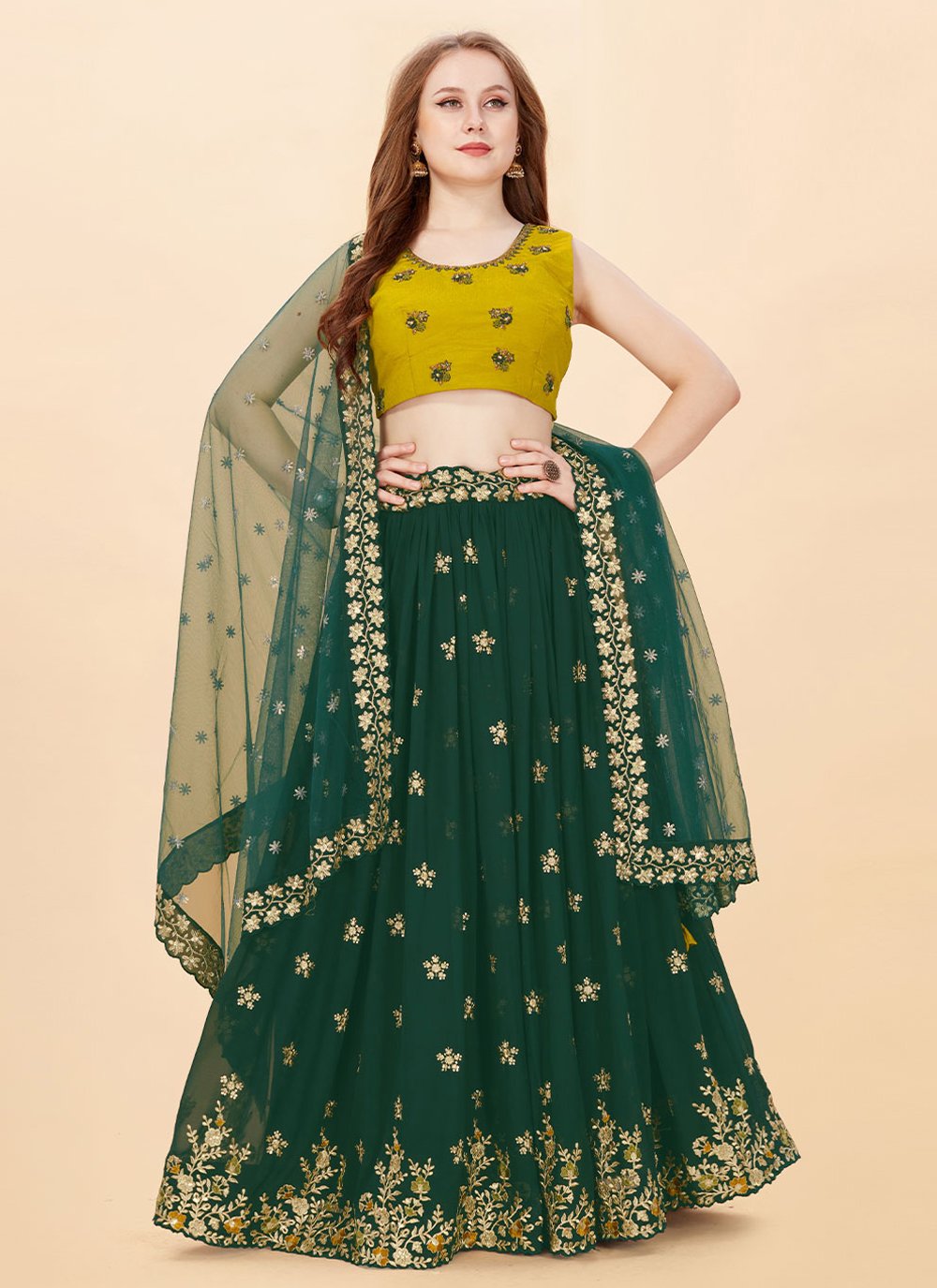 Green color Georgette A Line Lehenga Choli with Embroidered