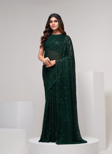 Green color Georgette Trendy Saree with Embroidere