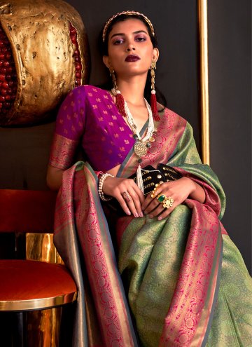 Green color Handloom Silk Trendy Saree with Woven