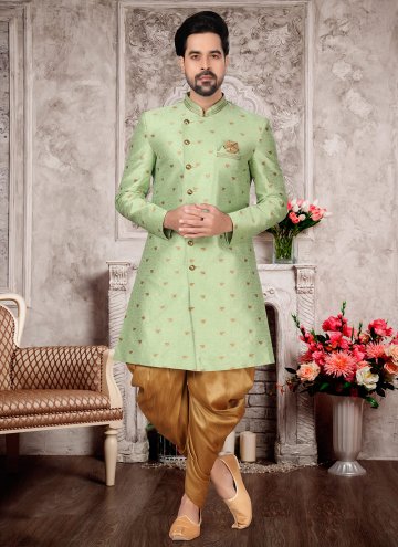 Green color Jacquard Work Fancy Fabric Indo Western Sherwani