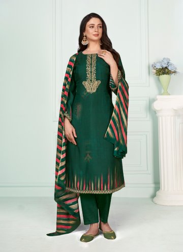 Green color Muslin Trendy Suit with Embroidered