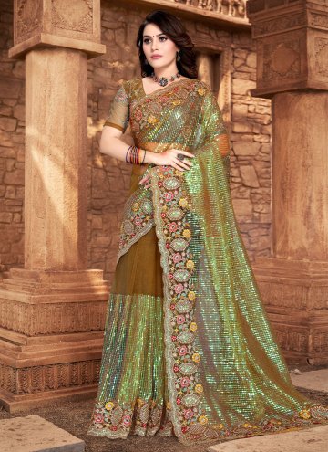 Green color Net Contemporary Saree with Embroidere
