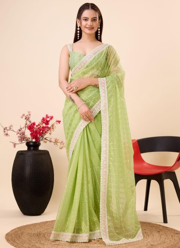 Green color Net Trendy Saree with Embroidered