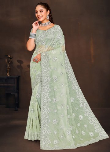 Green color Organza Designer Saree with Embroidered