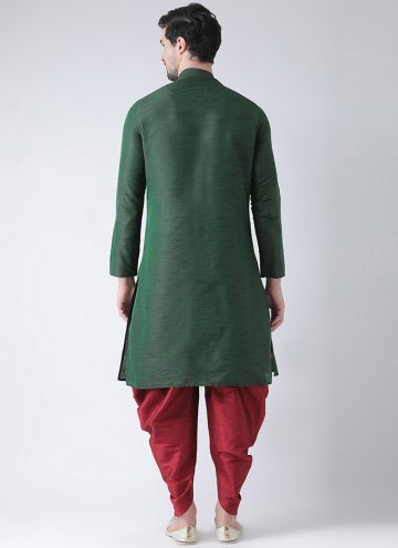 Green color Plain Work Art Dupion Silk Kurta Pyjama