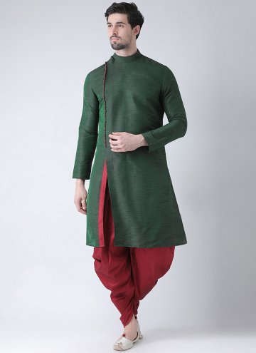 Green color Plain Work Art Dupion Silk Kurta Pyjama