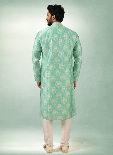 Green color Printed Art Silk Kurta Pyjama