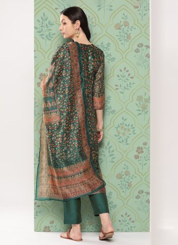 Green color Printed Chanderi Cotton Pant Style Suit