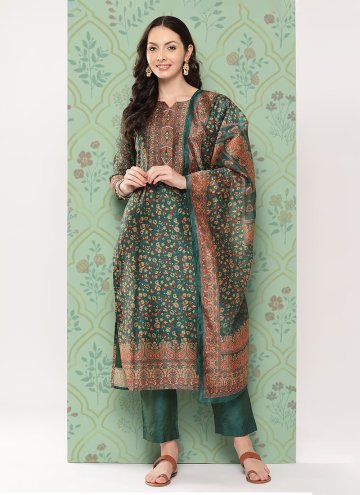 Green color Printed Chanderi Cotton Pant Style Suit