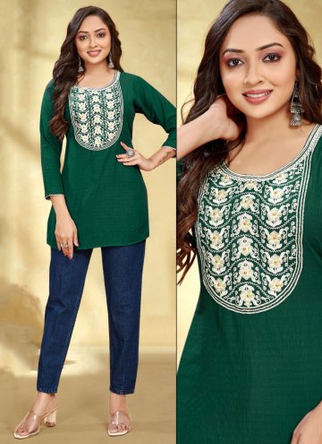Green color Rayon Party Wear Kurti with Embroidered