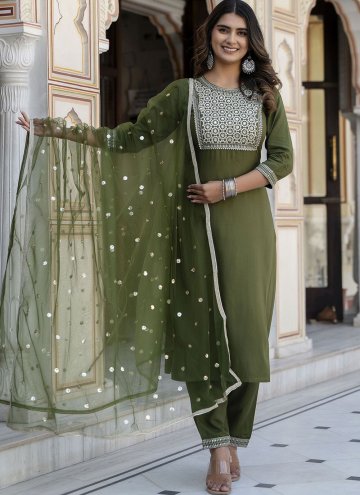 Green color Rayon Salwar Suit with Embroidered