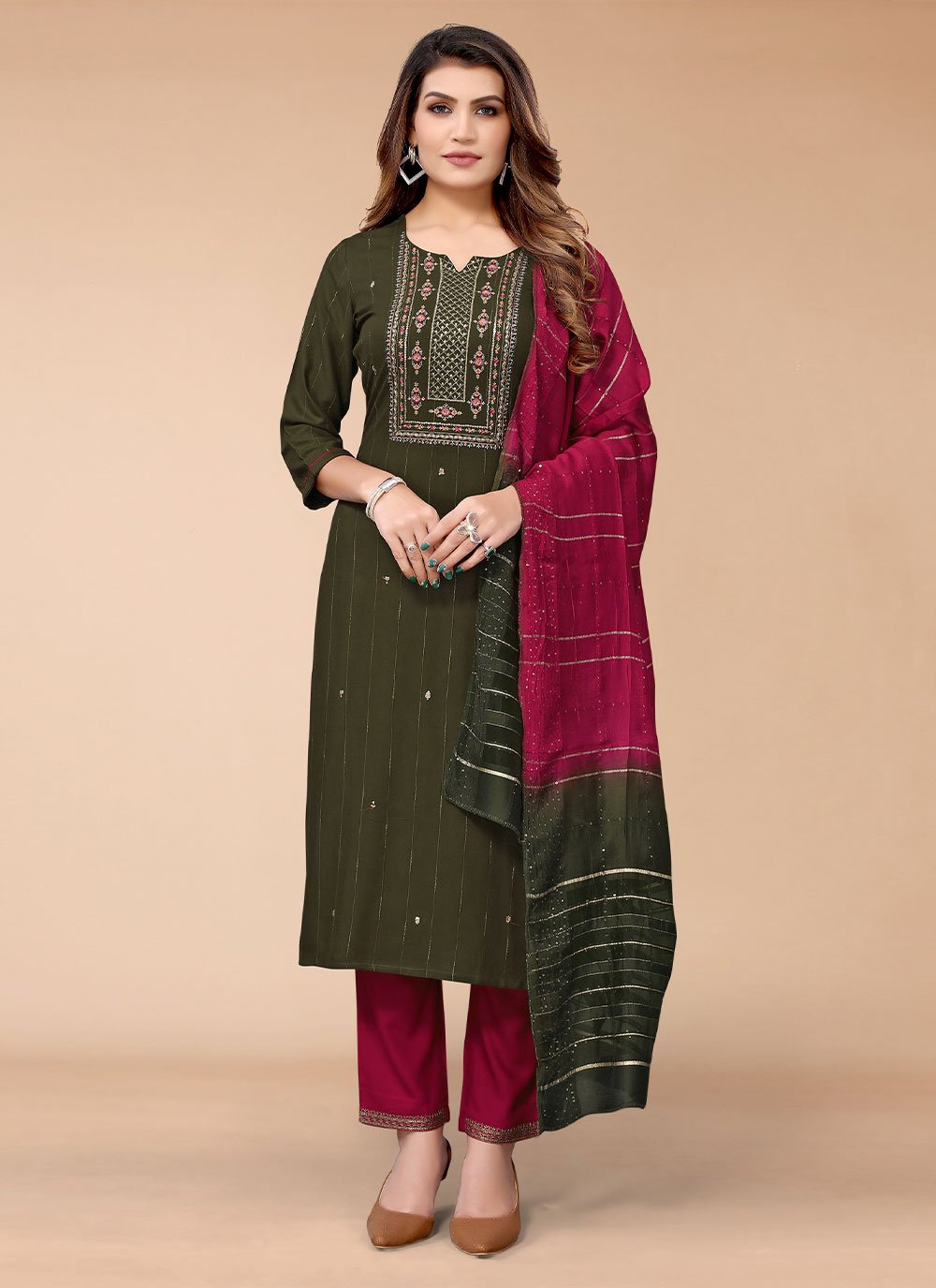 Green color Rayon Trendy Salwar Suit with Embroidered