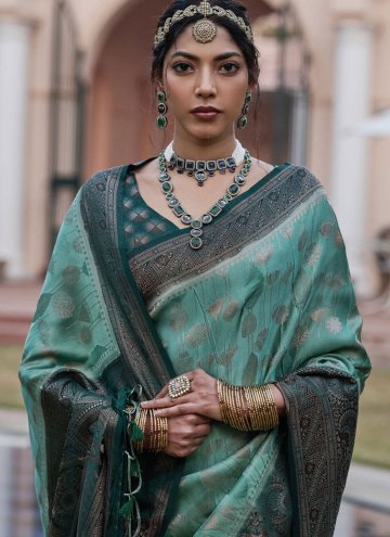 Green color Satin Contemporary Saree with Woven