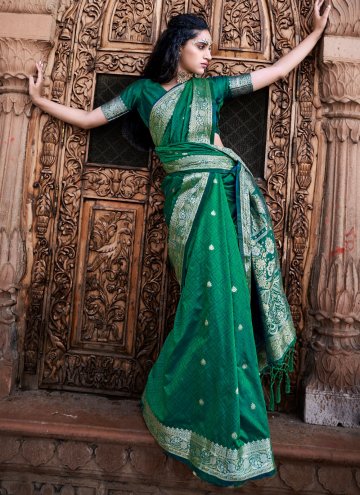 Green color Satin Silk Trendy Saree with Woven