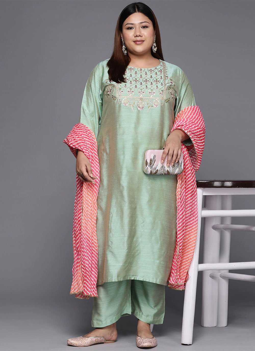 Green color Silk Designer Kurti with Embroidered
