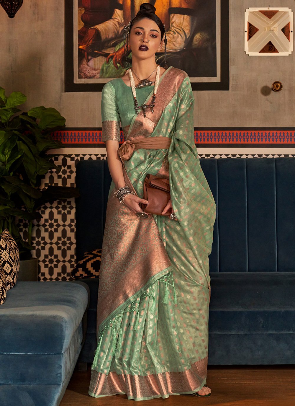 Green color Silk Designer Saree with Woven