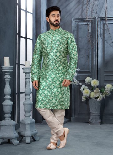 Green color Silk Kurta Pyjama with Digital Print