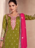 Green color Silk Palazzo Suit with Embroidered - 1