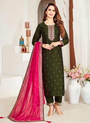 Green color Silk Salwar Suit with Embroidered